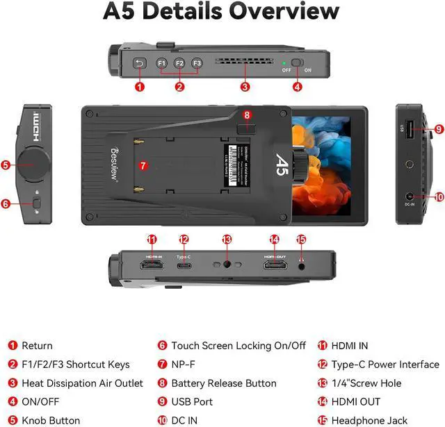 Alt view image 2 of 5 - 5.5'' 4K HDMI HDR Camera Field Monitor with IPS Touchscreen & 3D LUT, External DSLR Monitor for Filming or Studio Shooting (Battery Not Included)