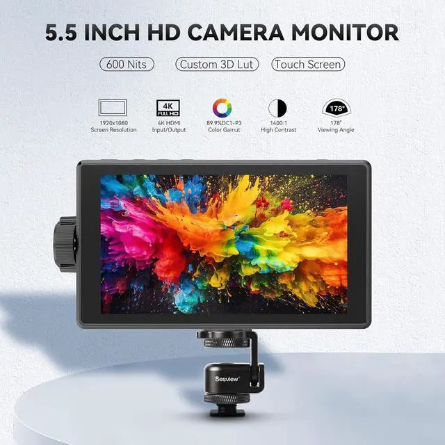 Alt view image 3 of 5 - 5.5'' 4K HDMI HDR Camera Field Monitor with IPS Touchscreen & 3D LUT, External DSLR Monitor for Filming or Studio Shooting (Battery Not Included)