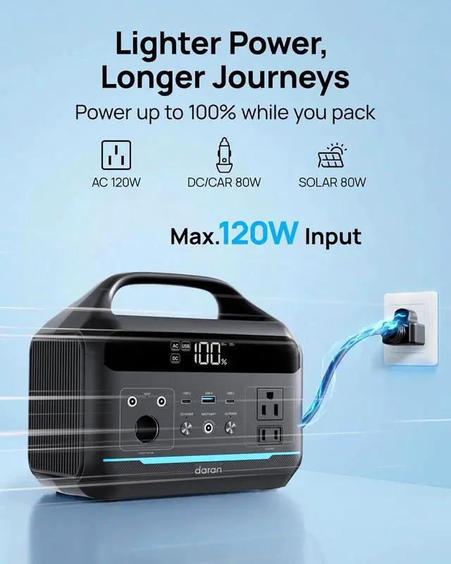 Alt view image 3 of 7 - Portable Power Station 600W(1200W Surge) - 288Wh Solar Generator LiFePO4 Battery with AC DC Outlets, 8.3LB Portable Charging Station for Camping, RV, Home, Emergency (Solar Optional)
