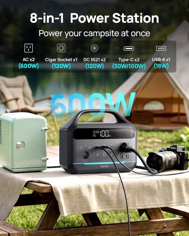 Alt view image 2 of 7 - Portable Power Station 600W(1200W Surge) - 288Wh Solar Generator LiFePO4 Battery with AC DC Outlets, 8.3LB Portable Charging Station for Camping, RV, Home, Emergency (Solar Optional)