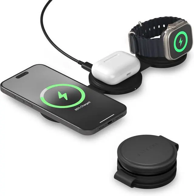 Main image of OntheGo 3 in 1 Wireless Charger, Qi2 Portable Charger with 15W Fast Charging for iPhone 17 to 12 Series, 5W for Watch, and 5W for AirPods, Magnetic Travel Charging Station Black