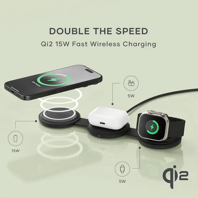 Alt view image 3 of 7 - OntheGo 3 in 1 Wireless Charger, Qi2 Portable Charger with 15W Fast Charging for iPhone 17 to 12 Series, 5W for Watch, and 5W for AirPods, Magnetic Travel Charging Station Black