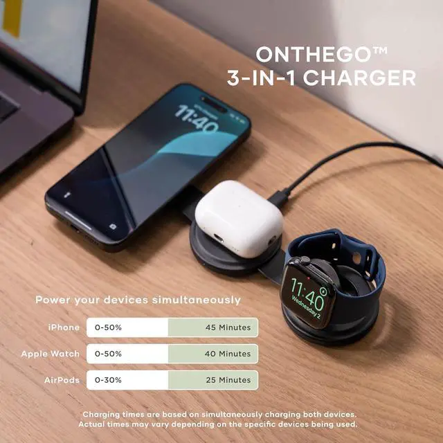 Alt view image 6 of 7 - OntheGo 3 in 1 Wireless Charger, Qi2 Portable Charger with 15W Fast Charging for iPhone 17 to 12 Series, 5W for Watch, and 5W for AirPods, Magnetic Travel Charging Station Black