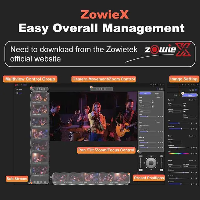 Alt view image 4 of 7 - 4K PTZ Camera, ZowiePTZ, Ergo-Ease Remote Control(No Battery), ZowieX APP Manager, 25X Optical+12X Digital Zoom, SDI/HDMI/USB, RTSP/RTMP(s)/SRT Stream, Meeting, Church, Event, Teaching