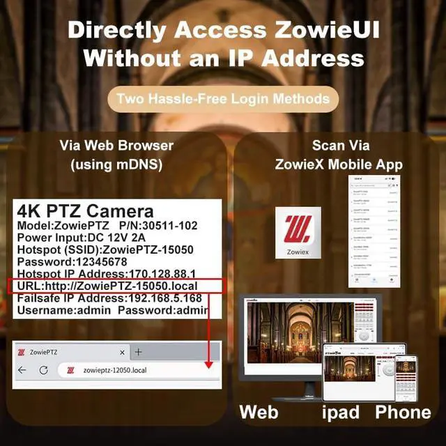 Alt view image 6 of 7 - 4K PTZ Camera, ZowiePTZ, Ergo-Ease Remote Control(No Battery), ZowieX APP Manager, 25X Optical+12X Digital Zoom, SDI/HDMI/USB, RTSP/RTMP(s)/SRT Stream, Meeting, Church, Event, Teaching