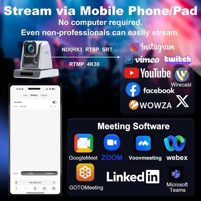 Alt view image 7 of 7 - 4K PTZ Camera, ZowiePTZ, Ergo-Ease Remote Control(No Battery), ZowieX APP Manager, 25X Optical+12X Digital Zoom, SDI/HDMI/USB, RTSP/RTMP(s)/SRT Stream, Meeting, Church, Event, Teaching