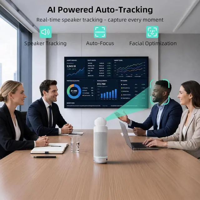Alt view image 2 of 7 - Meeting S 1080P HD Conference Room Camera, AI Face Recognition and Speaker Tracking, 8 Noise Cancelling Mics, Smart Zoom, Automatic Focus, 180-Degree, Plug & Play, Compatible with Teams, Skype