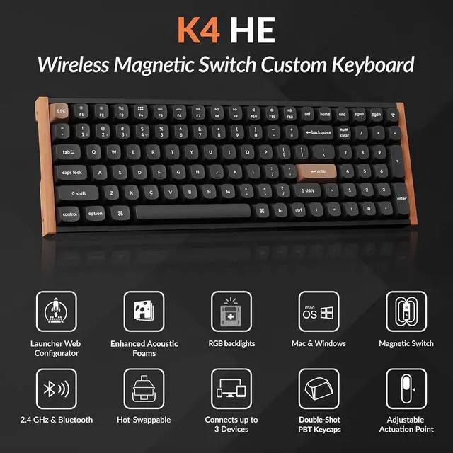 Alt view image 2 of 7 - K4 HE 96% Wireless Hall Effect Keyboard with Number Pad, Rapid Trigger Magnetic Switches, QMK Launcher, 2.4GHz/Bluetooth/Wired, Mac & Windows, Wood Accent Frame, Black (Non-Shine-Through)
