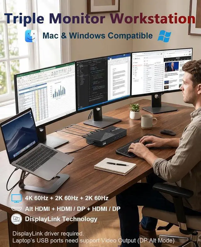 Alt view image 3 of 7 - USB-C Triple Monitor Docking Station for MacBook M1-M5/Neo & Windows 100W PD, 3×HDMI/2×DisplayPort, 6x10Gbps USB Ports, Gigabit Ethernet, Ideal for Workstation & Home Office