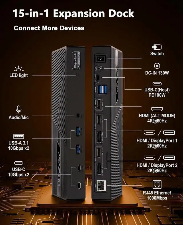 Alt view image 2 of 7 - USB-C Triple Monitor Docking Station for MacBook M1-M5/Neo & Windows 100W PD, 3×HDMI/2×DisplayPort, 6x10Gbps USB Ports, Gigabit Ethernet, Ideal for Workstation & Home Office