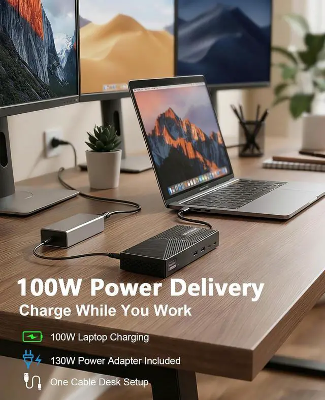 Alt view image 4 of 7 - USB-C Triple Monitor Docking Station for MacBook M1-M5/Neo & Windows 100W PD, 3×HDMI/2×DisplayPort, 6x10Gbps USB Ports, Gigabit Ethernet, Ideal for Workstation & Home Office