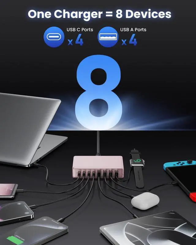 Alt view image 4 of 7 - 200W USB C Charger Block,8-Ports GaN III Fast Charging Station Hub,PD 65W Laptop Chargers Wall Charger Power Adapter for MacBook Pro/Air,DELL,Steam Desk,iPhone 17/16,iPad,Galaxy S25,Pixel-Pink