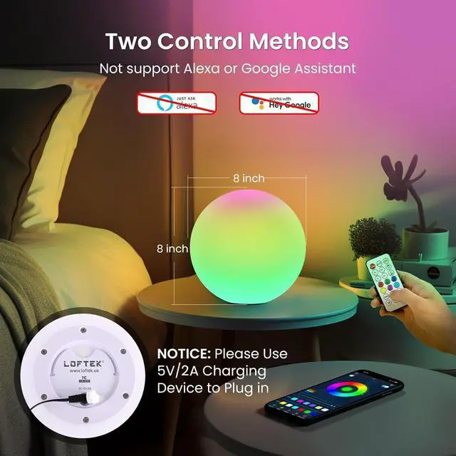Alt view image 7 of 7 - Color Changing Night Light, Smart LED Lamp with Bluetooth APP and Remote Control, 220 Scene Modes, 8-inch RGB Ball Mood Lighting for Living Room (Corded Electric)