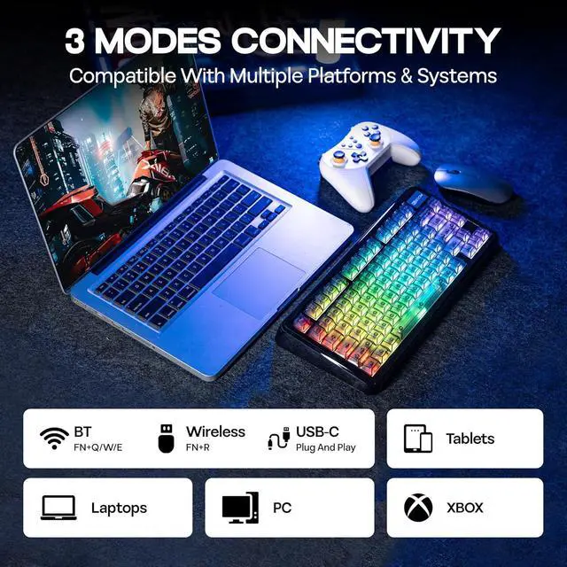 Alt view image 5 of 7 - Phantom81 Lite 75% Gasket Mechanical Keyboard, QMK&VIA Programmable, 3 Modes Wireless Gaming Keyboard, RGB Backlights, ABS Case + UV Tech, Hot-Swappable for Windows/Mac/Linux (Black)