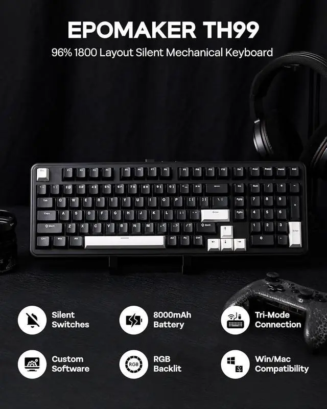 Alt view image 2 of 7 - TH99 Tri-Mode Wireless Mechanical Keyboard with 8000mAh Battery, Hot Swappable Custom RGB Gaming Keyboard with Numpad, Gasket Creamy for PC/Mac/Office (Black, Sea Salt Silent)