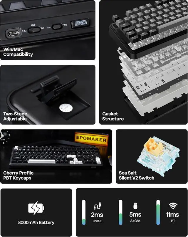 Alt view image 3 of 7 - TH99 Tri-Mode Wireless Mechanical Keyboard with 8000mAh Battery, Hot Swappable Custom RGB Gaming Keyboard with Numpad, Gasket Creamy for PC/Mac/Office (Black, Sea Salt Silent)