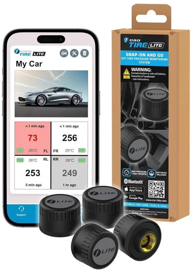 Main image of TIRE LITE TPMS Sensor - Wireless Tire Pressure Monitoring System with Bluetooth 5.0 | Real-Time Tire Pressure Sensor | Easy DIY Installation for Car SUV & 4x4 | Compatible with iOS & Android