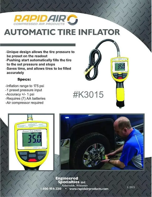 Alt view image 4 of 4 - RapidAir, Auto Tire Inflator - Rechargeable, 5 psi to 175 psi Pressure, Max. PSI 175 Power Source Battery, Model# K3015