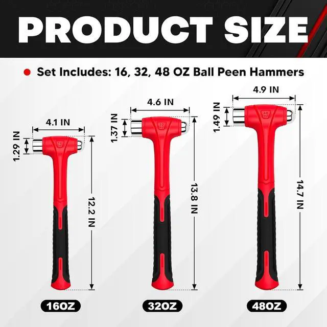 Alt view image 2 of 7 - 3 Piece Ball Peen Hammer, 16oz 32oz 48oz, Fiberglass Handle hammer for Ball Peen, Blow Striking Ball Pein Hammer Handle Tool with Forged Steel Construction for Metal Working