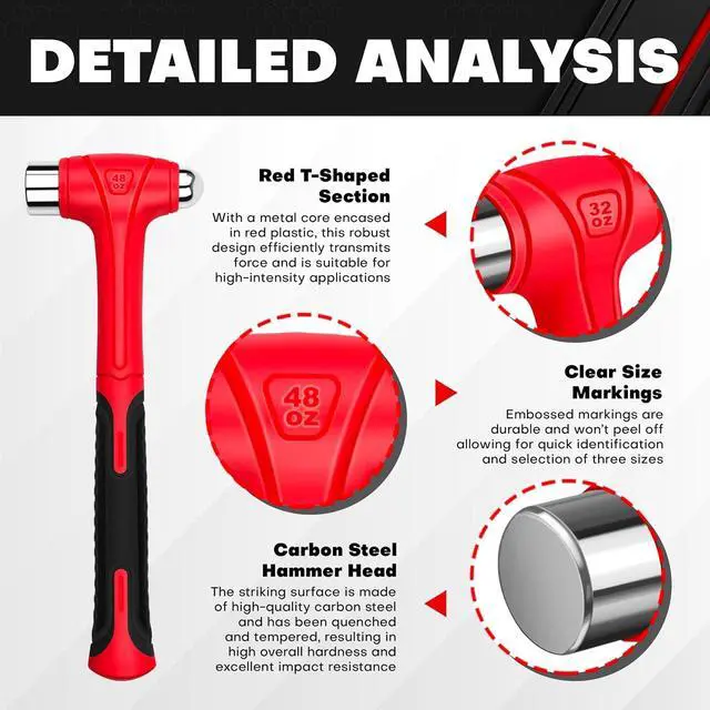 Alt view image 3 of 7 - 3 Piece Ball Peen Hammer, 16oz 32oz 48oz, Fiberglass Handle hammer for Ball Peen, Blow Striking Ball Pein Hammer Handle Tool with Forged Steel Construction for Metal Working