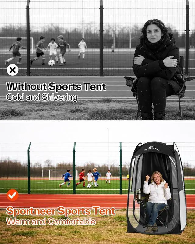 Alt view image 2 of 7 - Sports Tent: 1 Person Instant Shelter with Ultra Visibility for Cold Day - Lightweight Portable Pop Up Tent for Sports Event, Protection from Cold Wind and Rain, 37" Lx 37" W x 63.5" H