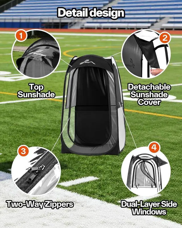 Alt view image 5 of 7 - Sports Tent: 1 Person Instant Shelter with Ultra Visibility for Cold Day - Lightweight Portable Pop Up Tent for Sports Event, Protection from Cold Wind and Rain, 37" Lx 37" W x 63.5" H