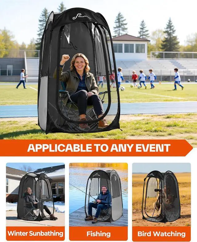 Alt view image 7 of 7 - Sports Tent: 1 Person Instant Shelter with Ultra Visibility for Cold Day - Lightweight Portable Pop Up Tent for Sports Event, Protection from Cold Wind and Rain, 37" Lx 37" W x 63.5" H