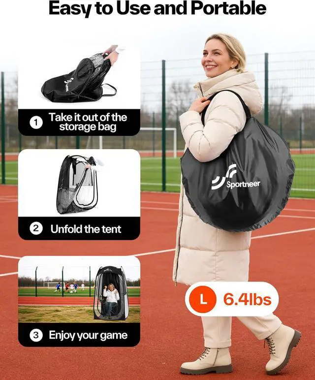 Alt view image 4 of 7 - Sports Tent: 1 Person Instant Shelter with Ultra Visibility for Cold Day - Lightweight Portable Pop Up Tent for Sports Event, Protection from Cold Wind and Rain, 37" Lx 37" W x 63.5" H