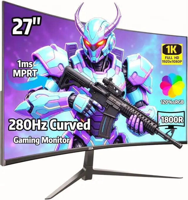 Main image of 27" Curved Gaming Monitor, 280Hz 240Hz Gaming Monitor, 1800R VA Panel, 120% sRGB, FreeSync, 1ms GTG, Esports Ready Display, Flicker-Free, HDMI & DP, VESA Mount - Black