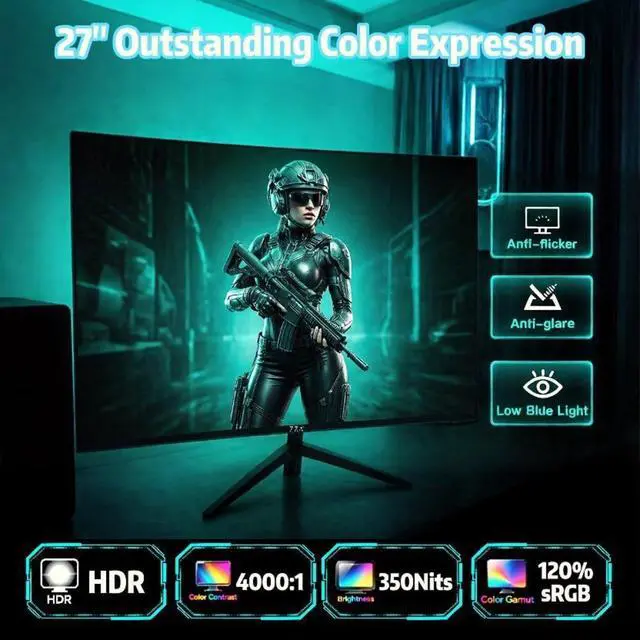 Alt view image 6 of 7 - 27" Curved Gaming Monitor, 280Hz 240Hz Gaming Monitor, 1800R VA Panel, 120% sRGB, FreeSync, 1ms GTG, Esports Ready Display, Flicker-Free, HDMI & DP, VESA Mount - Black