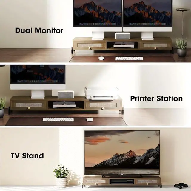 Alt view image 6 of 7 - Dual Monitor Stand for Desk - Long Wooden Riser With Rattan Woven Drawer, 2 Tier Desk Shelf for 2 Monitors, Vintage Computer Stand for Laptop, Printer, TV