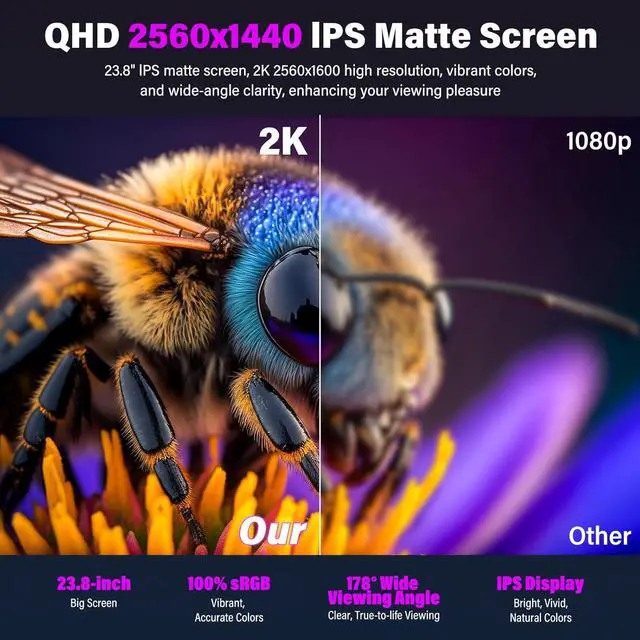 Alt view image 3 of 7 - 2K 180Hz Portable Gaming Monitor, 23.8" 2560x1440 QHD Fast IPS E<2 100% sRGB Portable Monitor w/180° Adjustable Stand Type-C HDMI Eye Care External Second Screen for Laptop Phone PS4 PS5 Switch Xbox