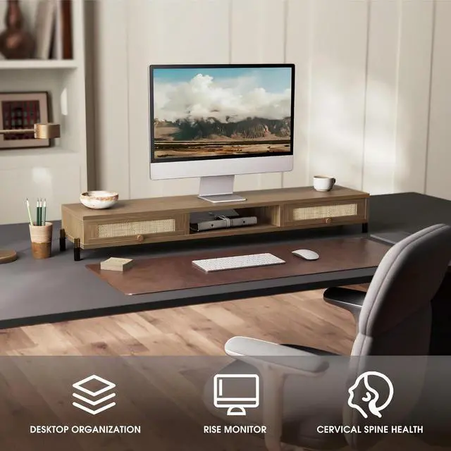 Alt view image 7 of 7 - Dual Monitor Stand for Desk - Long Wooden Riser With Rattan Woven Drawer, 2 Tier Desk Shelf for 2 Monitors, Vintage Computer Stand for Laptop, Printer, TV