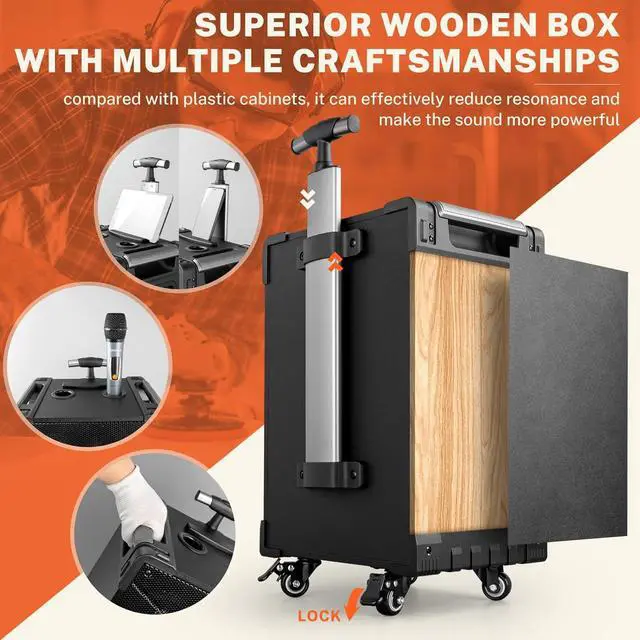 Alt view image 6 of 7 - GTSK10-3 3-Way Portable Bluetooth PA Speaker System w/Wireless Mics 10" Karaoke Speaker with Subwoofer, FM Radio, TWS, Rolling Wheels & Rechargeable Battery for Parties, Events, Game Day & Outdoors