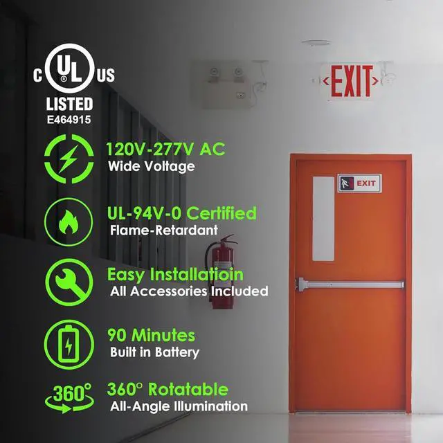 Alt view image 2 of 7 - Gruenlich LED Exit Sign Combo with Emergency Lights, Adjustable Heads and Double Sided, Battery Backup, UL 924 Qualified, AC 120-277V, Commercial Emergency Exit Light for Business- 4 Pack