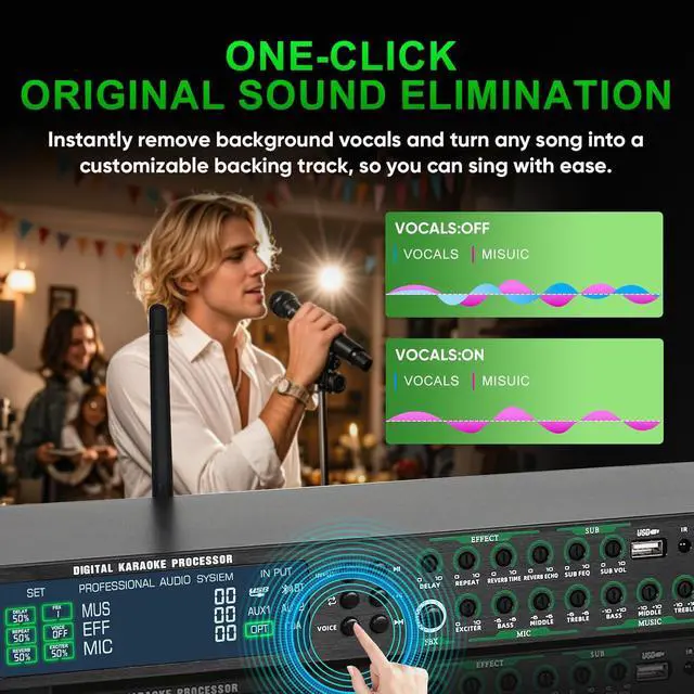 Alt view image 5 of 7 - AX-666 Professional Karaoke Processor KTV Mixer with Dual Wireless Microphones, Digital Pre-Stage Effector Audio Vocal Effects Processor System with DSP Anti-Howling USB MP3 Bluetooth Optical