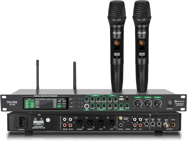 Main image of AX-666 Professional Karaoke Processor KTV Mixer with Dual Wireless Microphones, Digital Pre-Stage Effector Audio Vocal Effects Processor System with DSP Anti-Howling USB MP3 Bluetooth Optical