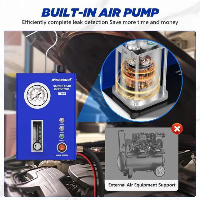 Alt view image 2 of 7 - T105 Automotive Smoke Machine Leak Detector, Smoke Tester with Built-in Air Pump and Pressure Gauge, Vacuum Diagnostic Detector Tools Kit for 12V DC Cars