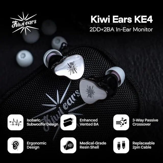 Alt view image 3 of 7 - Kiwi Ears KE4 in Ear Monitor, 2DD+2BA Hybrid Earphone, Gaming Earbuds, HiFi Wired IEM, with Detachable IEM Cable for Musician Audiophile (Silver)