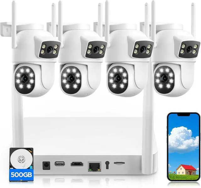 Main image of Dual-Lens Home Security Cameras System Wireless Outdoor, 4 Cam Kits | 4 Cameras 8 Views, 24/7 Recording, Auto Tracking, No Monthly Fee, 5G & 2.4G WiFi, 2-Way Audio, 360° PTZ, 10CH NVR, 500GB HDD