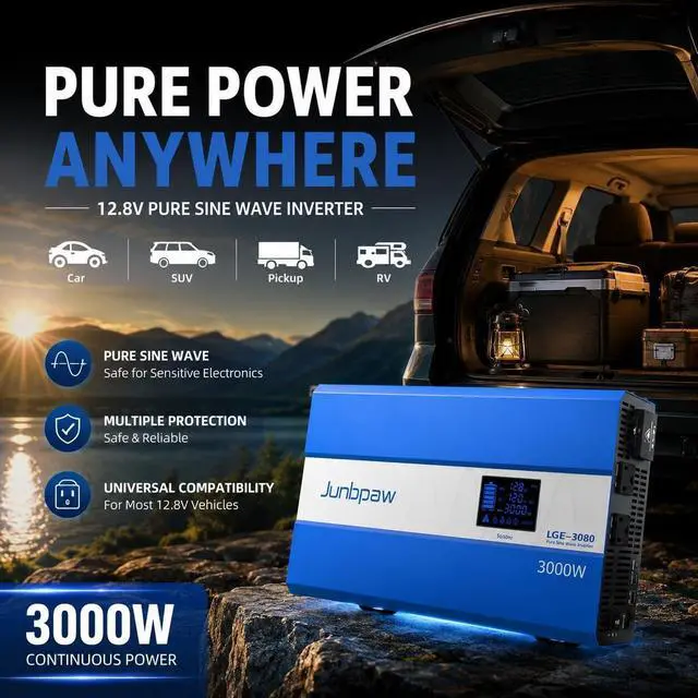 Alt view image 5 of 6 - 3080W Pure Sine Wave Power Inverter 12V to 120V AC | 35dB Ultra Quiet, 9000W Surge, Game-Changing Design, For Home, RV, Camping, Off-Grid & Outdoor Adventures