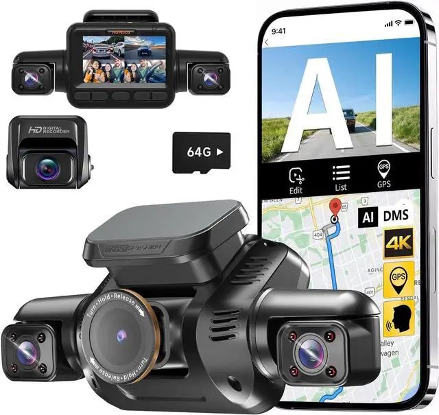 Main image of AI Dash Cam Front Rear Inside with Driver Monitor System, 360° Car Camera 4K, 4 Channel Camera for Cars, WiFi GPS, Dashcam 64GB SD Card, Night Vision, 24H Parking Mode, Upgrade DMS V8Plus