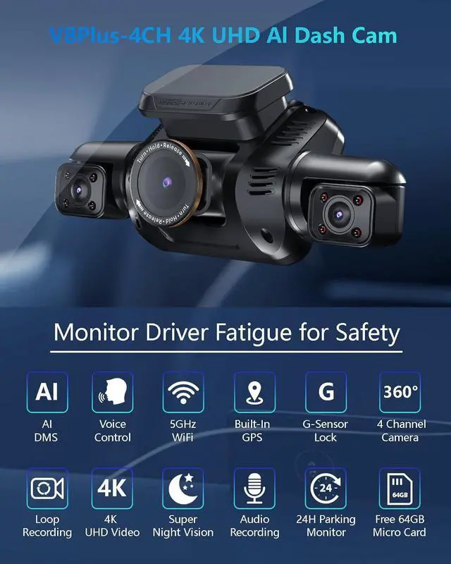 Alt view image 3 of 7 - AI Dash Cam Front Rear Inside with Driver Monitor System, 360° Car Camera 4K, 4 Channel Camera for Cars, WiFi GPS, Dashcam 64GB SD Card, Night Vision, 24H Parking Mode, Upgrade DMS V8Plus