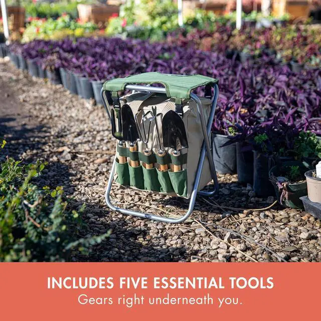 Alt view image 4 of 7 - Garden Kneeler and Seat, Folding Gardening Bench, Portable Garden Stool and Kneeler with Detachable Tote Organizer for Weeding & Yard Work (Olive Green with Beige Accents)