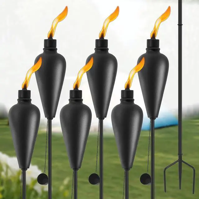Main image of 6 Pack Citronella Torches Outdoor, Metal Tiki Torches for Outside, 59.5 Inch Upgraded Garden Torch with 3-Prong Grounded Stake, Patio Pathway Party Decorative Outdoor Light Torches, (Black)