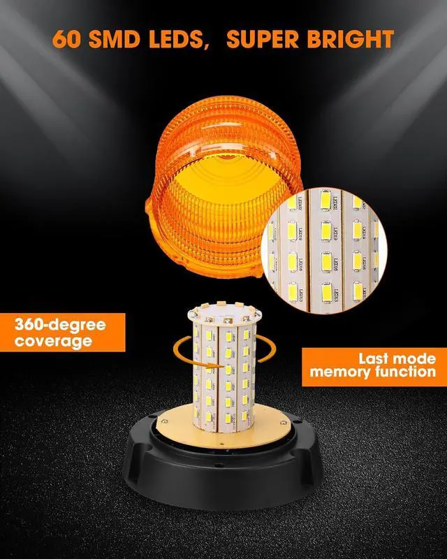Alt view image 4 of 7 - 4 Pack 60 LED Amber Beacon Strobe Lights, 12v-24v Amber Warning Safety Flashing Beacon Strobe Light with Magnetic and 16ft Straight Cord for Truck Vehicle Forklift Tractor Golf Carts Utv Car