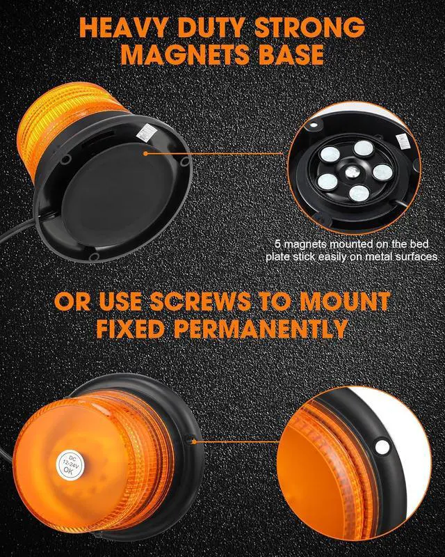 Alt view image 5 of 7 - 4 Pack 60 LED Amber Beacon Strobe Lights, 12v-24v Amber Warning Safety Flashing Beacon Strobe Light with Magnetic and 16ft Straight Cord for Truck Vehicle Forklift Tractor Golf Carts Utv Car