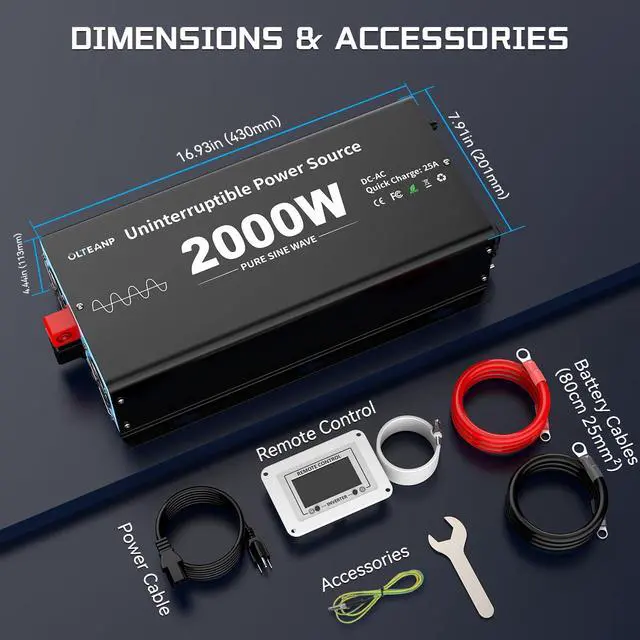 Alt view image 7 of 7 - 2000W Sump Pump Battery Backup System, Pure Sine Wave Inverter Charger with 25A Fast Charging, Auto Transfer Switch for Basement Flood Protection During Outages, LCD Remote, 12V Deep Cycle Compatible
