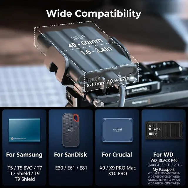 Alt view image 3 of 7 - Universal SSD Holder for MagSafe, SSD Mount Bracket for Samsung T5 T7 SSD, for SanDisk SSD,for iPhone 17/16/15/14, for Camera Cage, with Cold Shoe & Cable Clamp, 40-60mm Wide Clamping - 5196