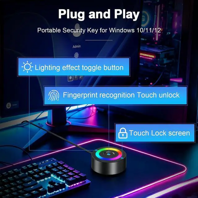 Alt view image 3 of 7 - USB Fingerprint Reader for Windows 10/11/12 ONLY, RGB Light Up Windows Hello Fingerprint Scanner with 5FT Extension Cable,Match-in-Sensor Security, Plug and Play for Laptop/PC(Not for Mac/Linux)
